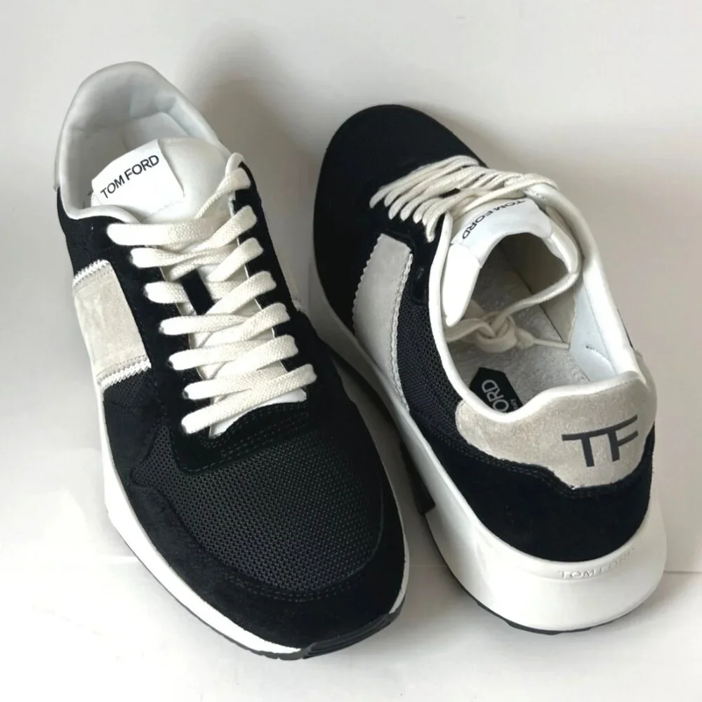 Tom Ford Technical Sneakers Black White Leather Lace-Up Men Shoes Size 10